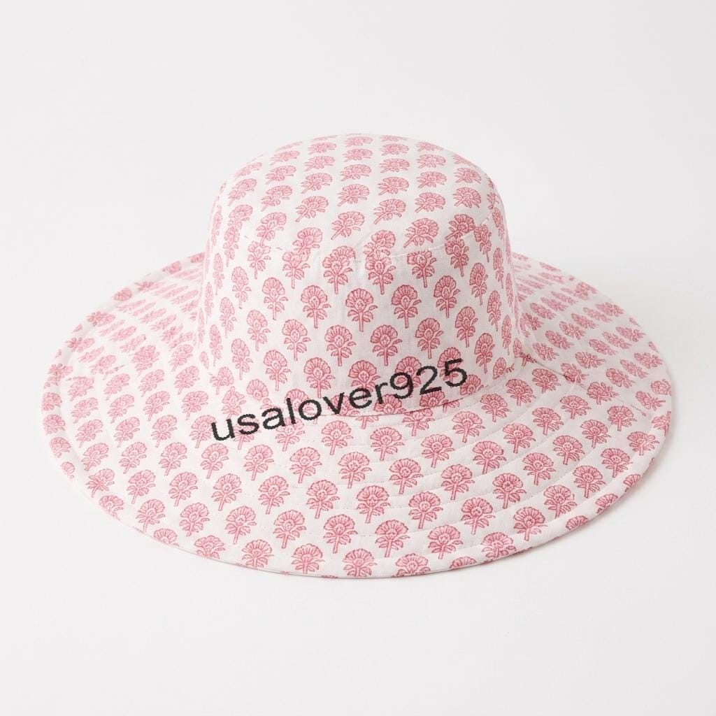 Handmade Cotton Sun Hat – Pink Floral Wide Brim Block Print Beach & Garden Hat