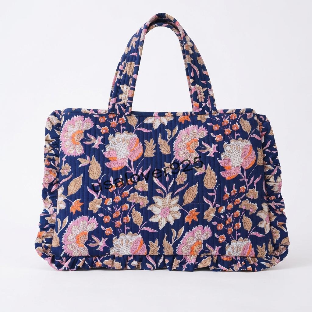 Handmade Ruffled Cotton Tote Bag – Navy Blue Vintage Floral Quilted Shoulder Bag