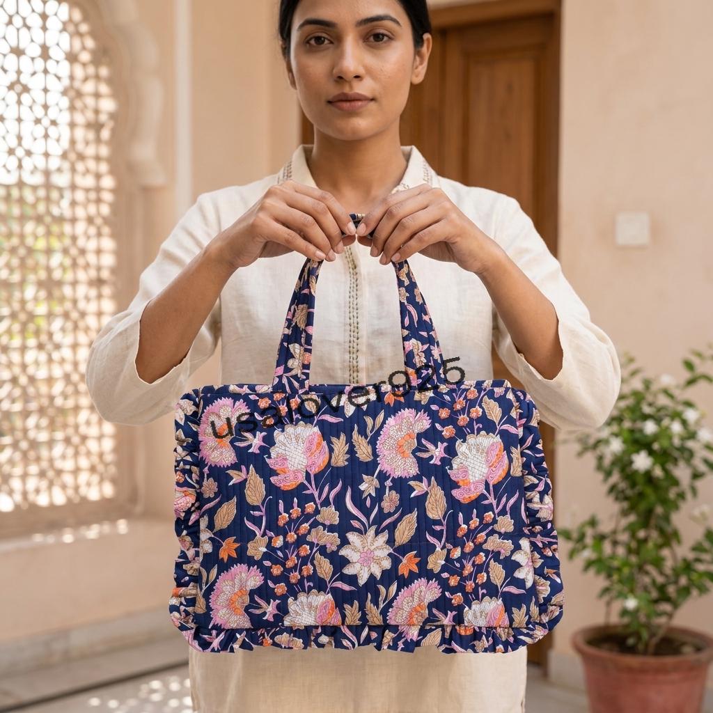 Handmade Ruffled Cotton Tote Bag – Navy Blue Vintage Floral Quilted Shoulder Bag