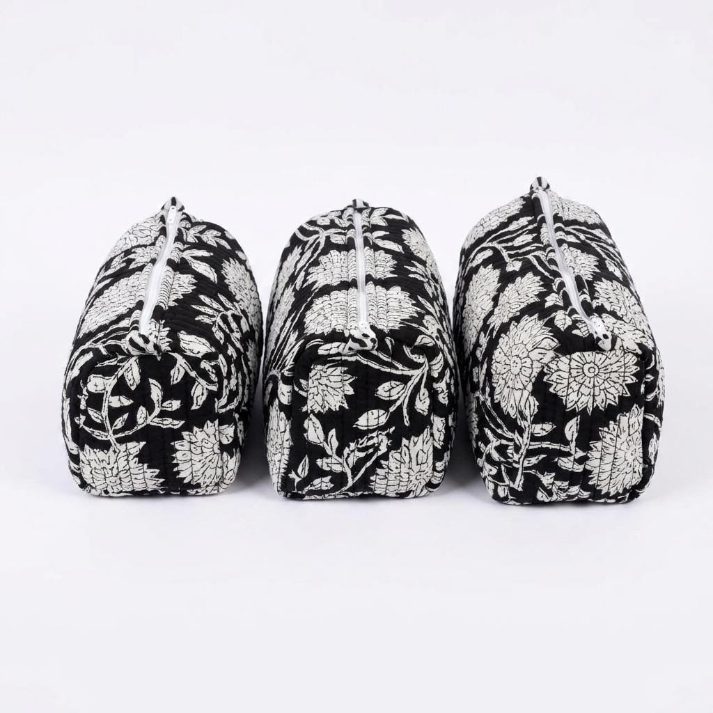 Quilted Cotton Makeup Bag Set of 3 – Black Floral Block Print Cosmetic & Toiletry Pouches