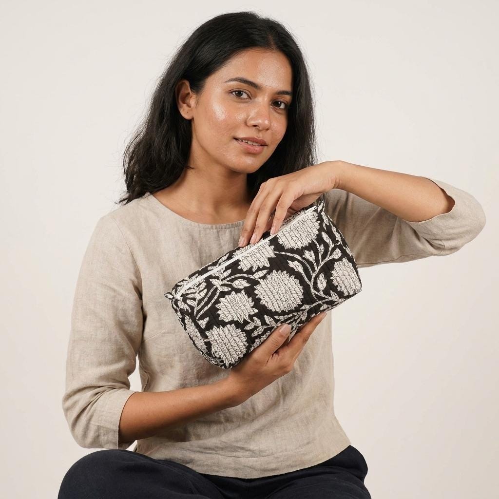 Quilted Cotton Makeup Bag Set of 3 – Black Floral Block Print Cosmetic & Toiletry Pouches
