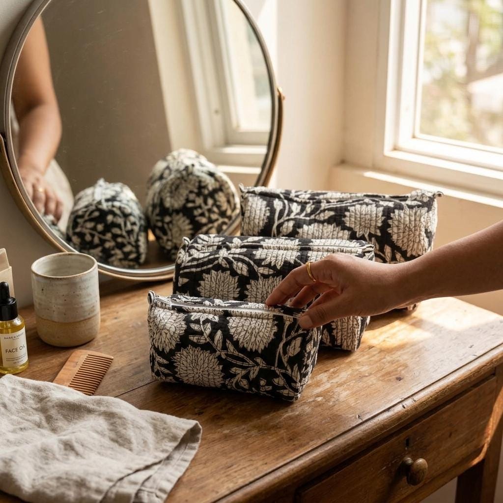 Quilted Cotton Makeup Bag Set of 3 – Black Floral Block Print Cosmetic & Toiletry Pouches