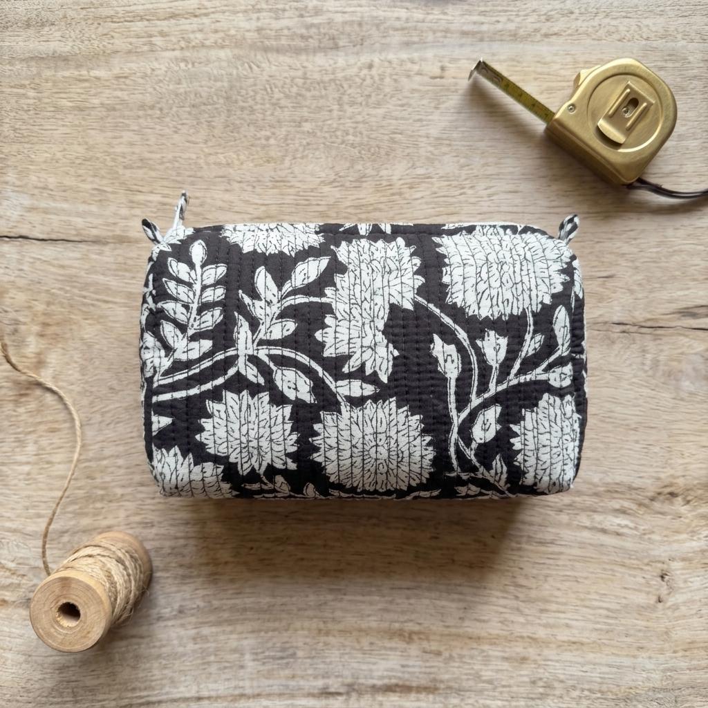 Quilted Cotton Makeup Bag Set of 3 – Black Floral Block Print Cosmetic & Toiletry Pouches
