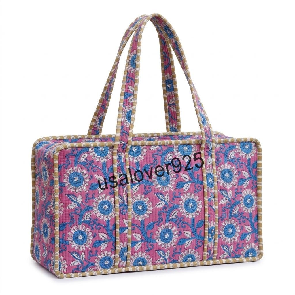 Handmade Quilted Cotton Mahjong Bag – Pink Blue Daisy Floral Game Tile Storage Tote