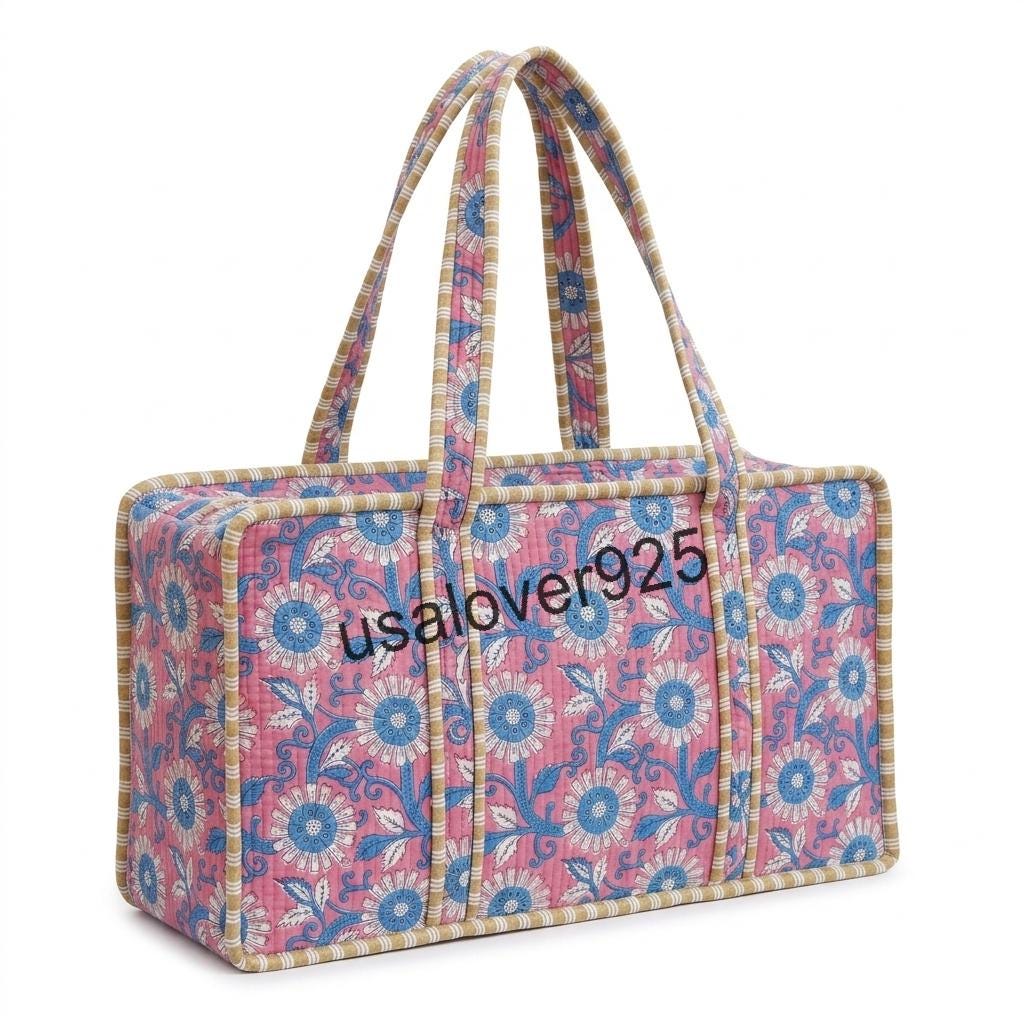 Handmade Quilted Cotton Mahjong Bag – Pink Blue Daisy Floral Game Tile Storage Tote