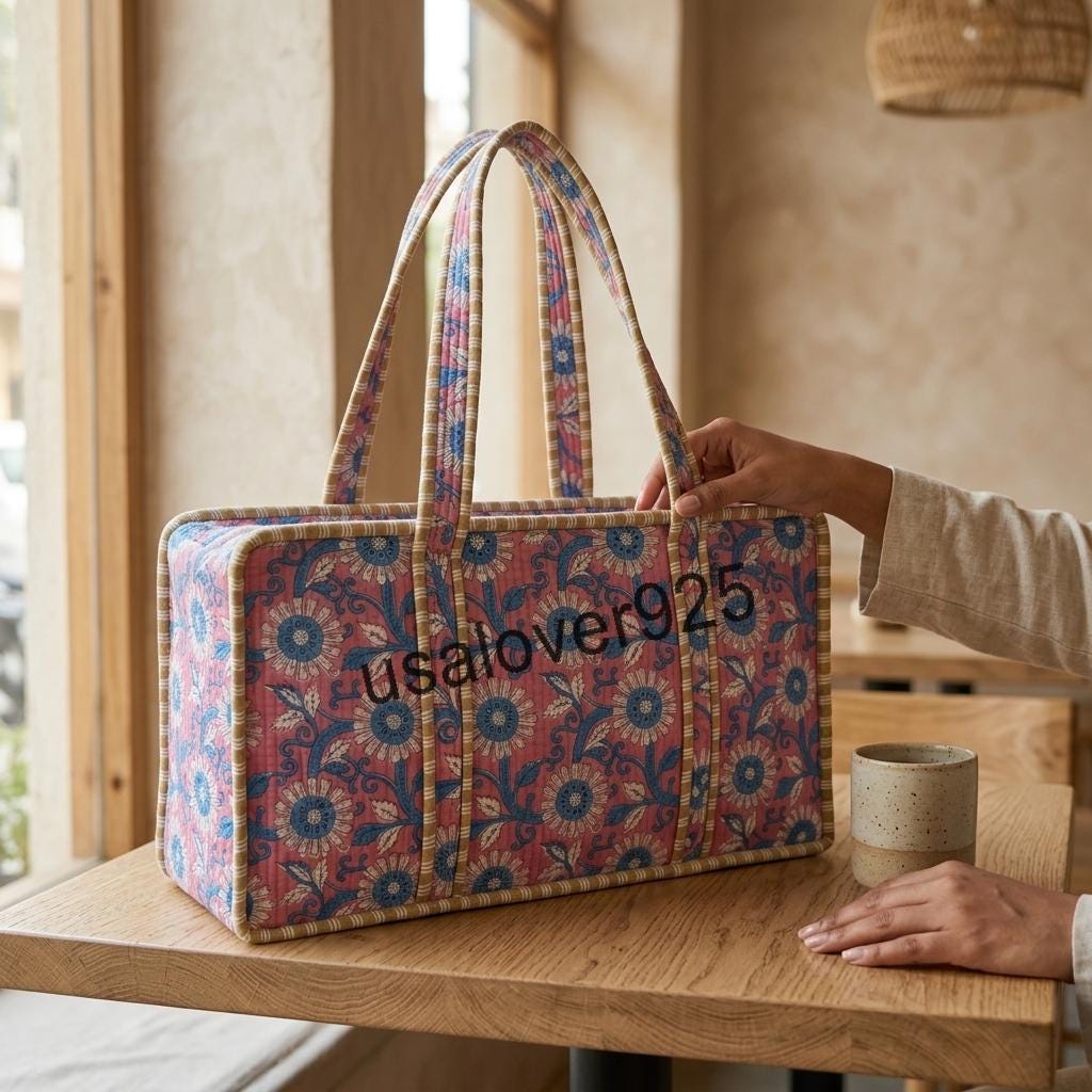Handmade Quilted Cotton Mahjong Bag – Pink Blue Daisy Floral Game Tile Storage Tote