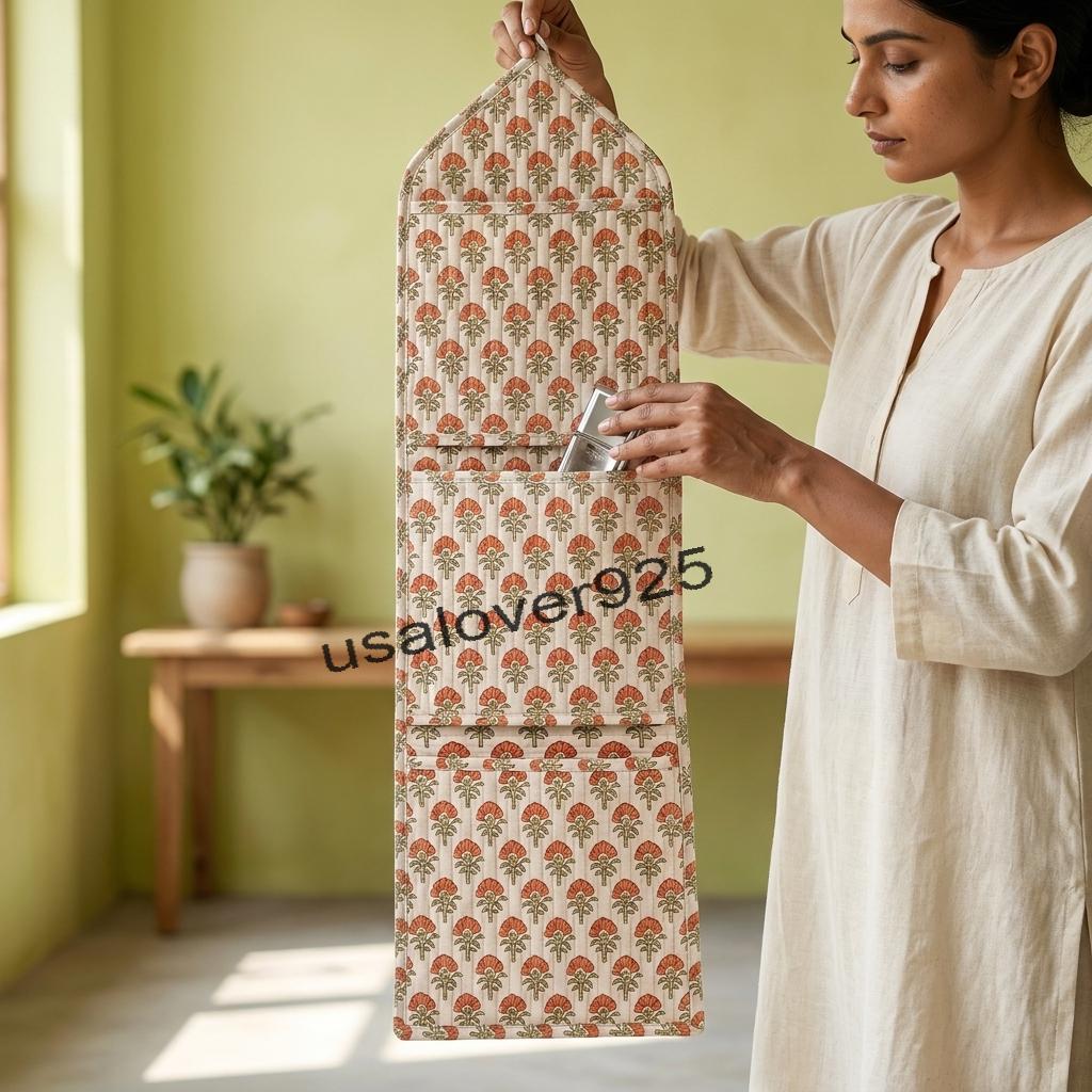 Quilted Cotton Wall Organizer – Cream Peach Floral 3 Pocket Hanging Storage