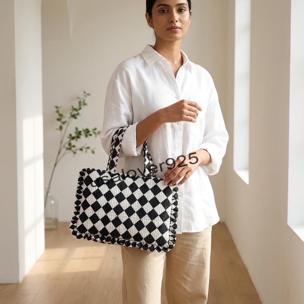 Handmade Ruffled Cotton Tote Bag – Black White Checkerboard Quilted Shoulder Bag