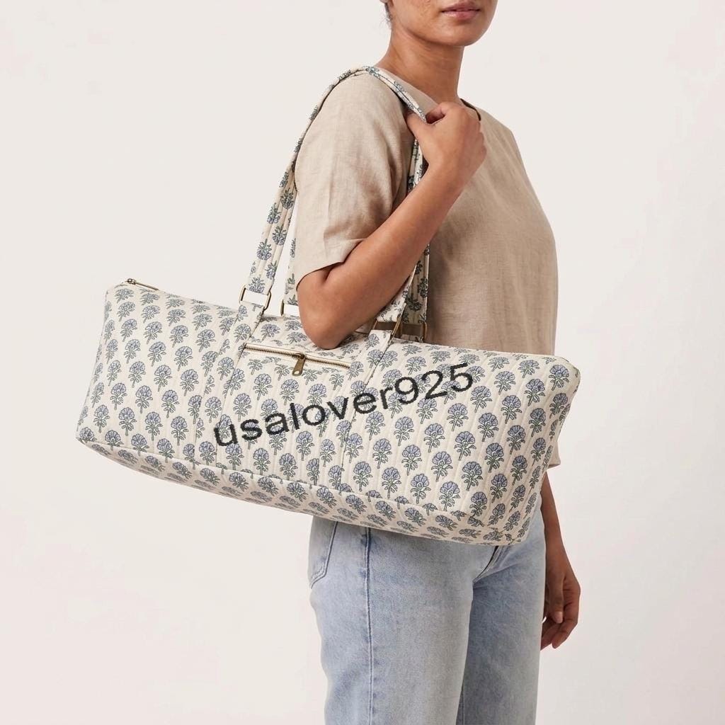 Quilted Cotton Yoga Mat Bag – Cream Blue Floral Gym Duffle & Travel Tote