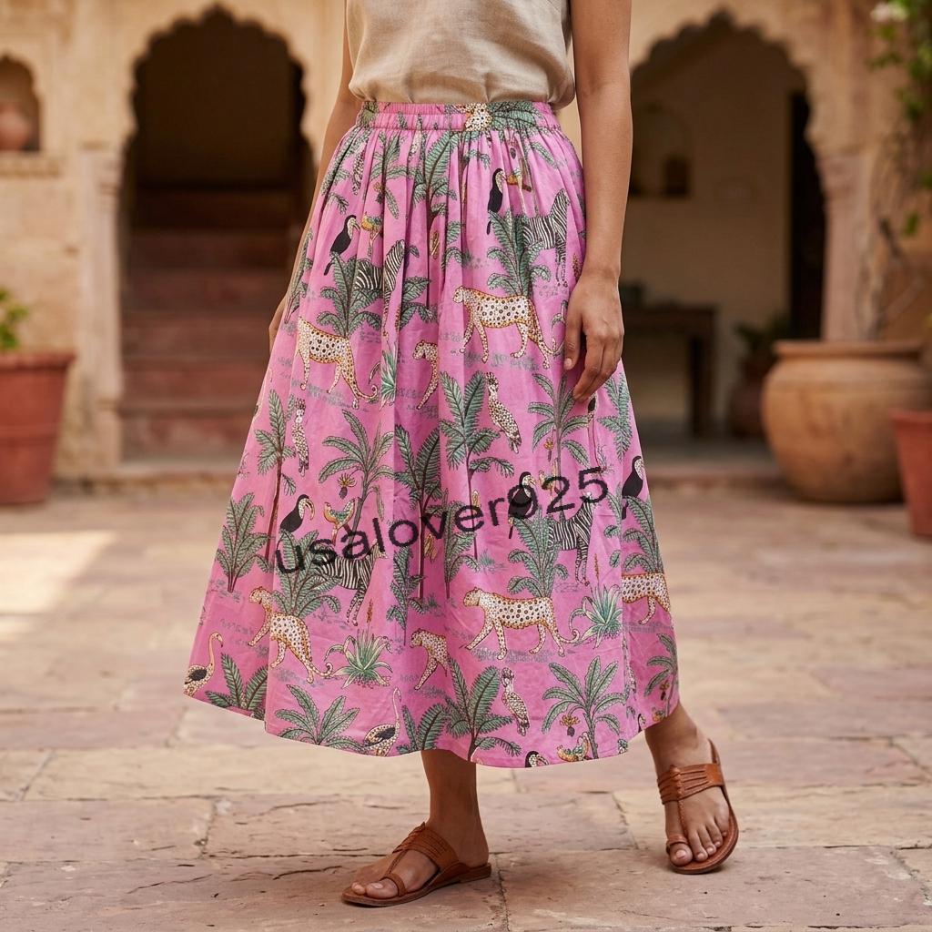 Handmade Cotton Maxi Skirt – Pink Safari Animal Block Print Elastic Waist Long Skirt