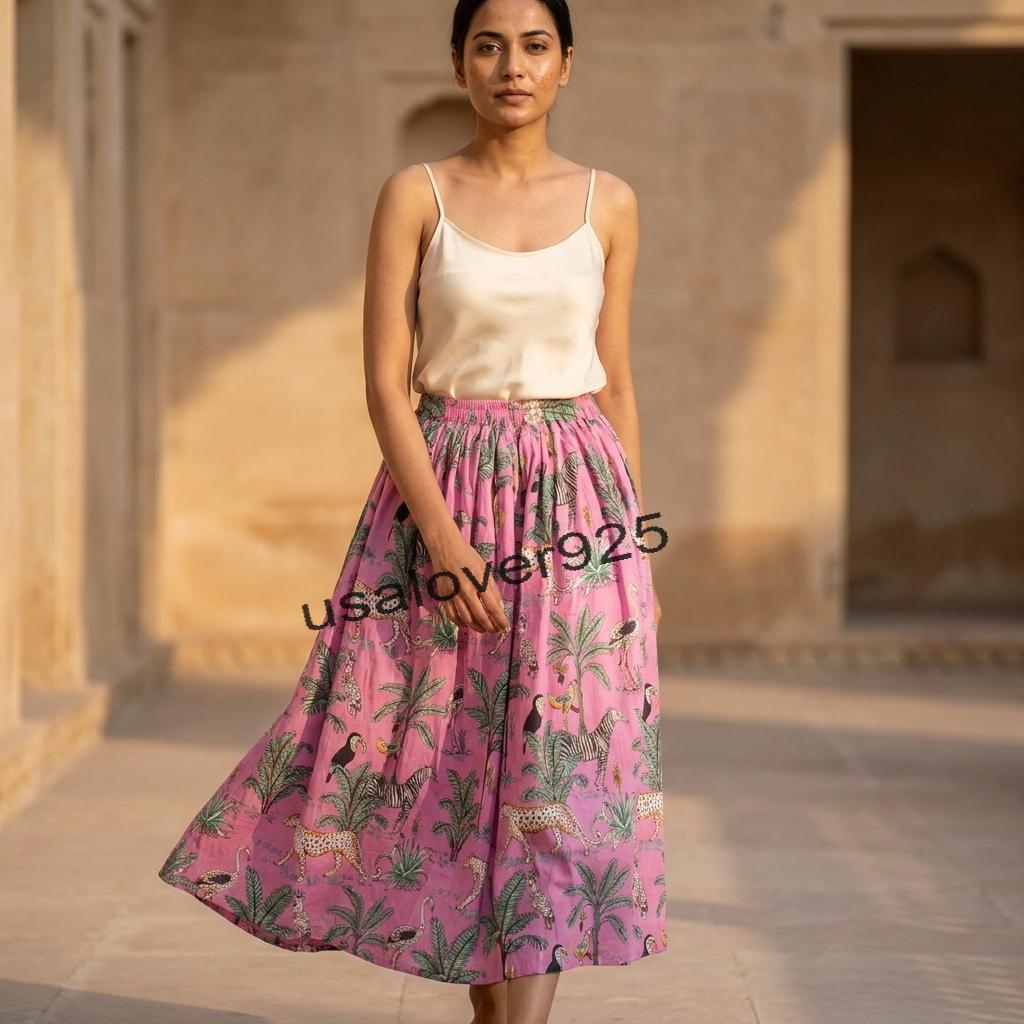 Handmade Cotton Maxi Skirt – Pink Safari Animal Block Print Elastic Waist Long Skirt