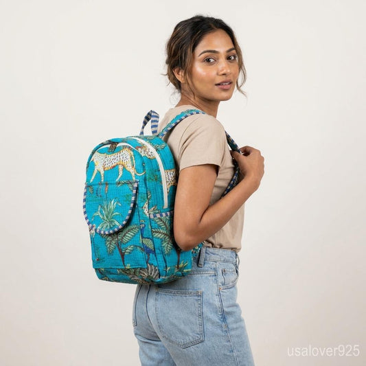 Handmade Quilted Cotton Backpack – Turquoise Jungle Safari Animal Print Boho Travel Bag