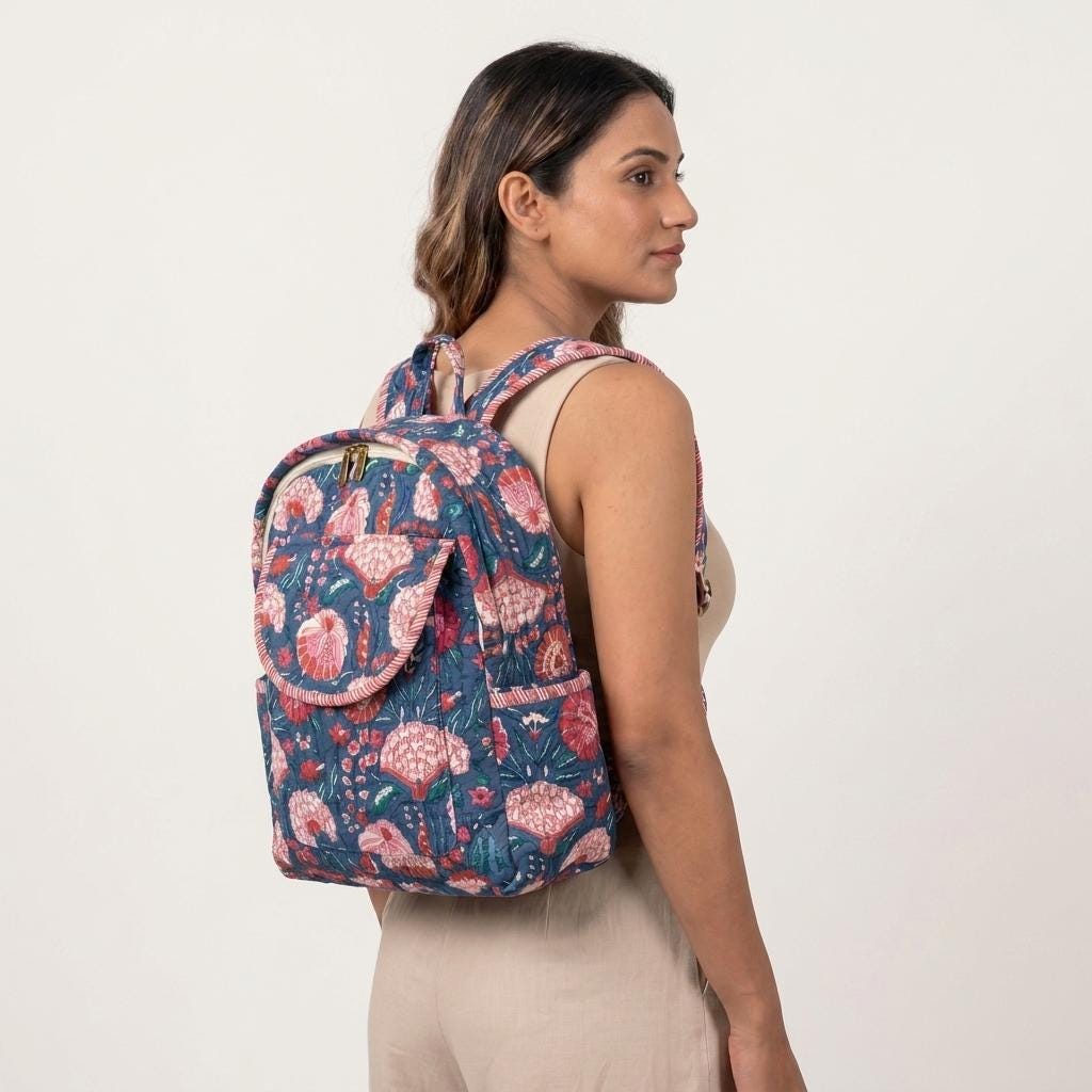 Grey Floral Quilted Cotton Backpack, Boho Handmade Travel Daypack, Minimalist School Bag