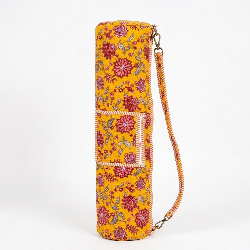 Floral Quilted Yoga Mat Bag Handmade Indian Block Print Boho Crossbody Carrier Gift