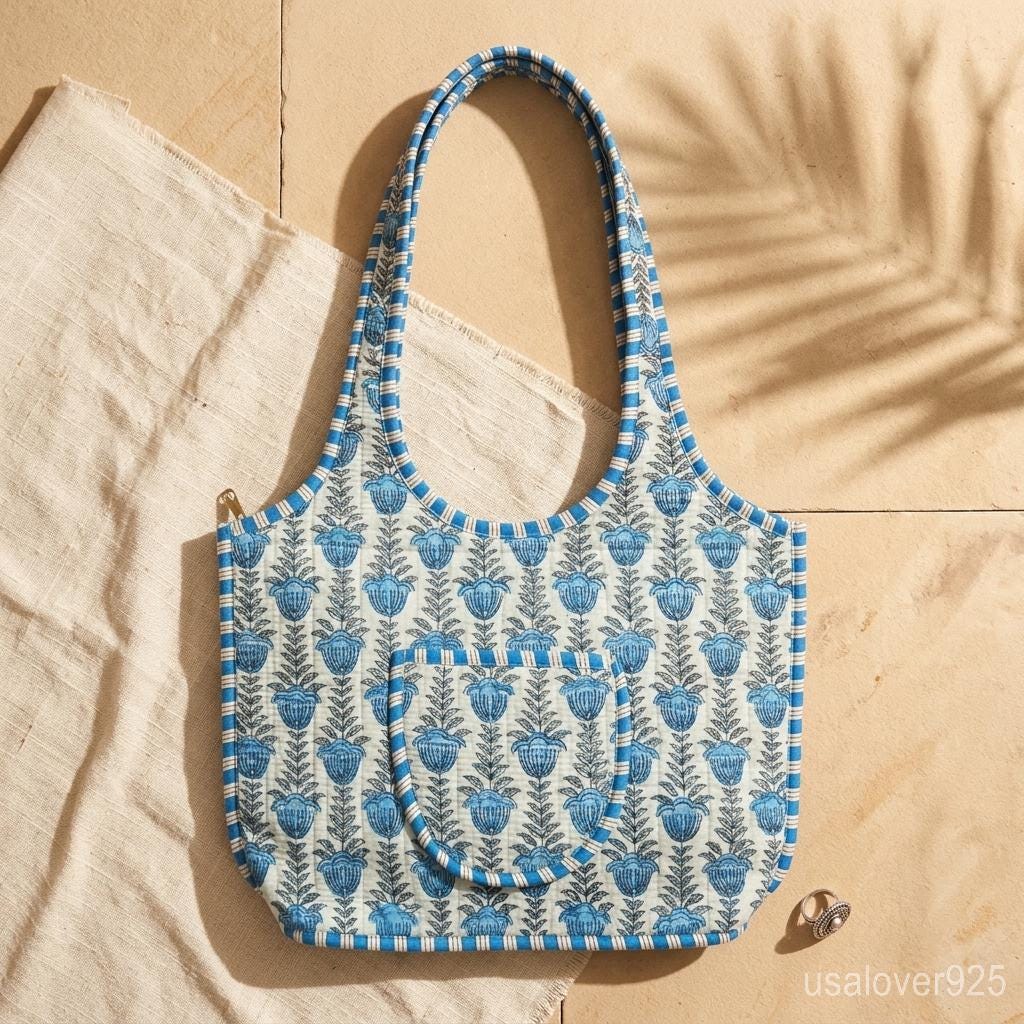 Blue Floral Quilted Tote Bag Handmade Indian Block Print Cotton Shoulder Purse Gift