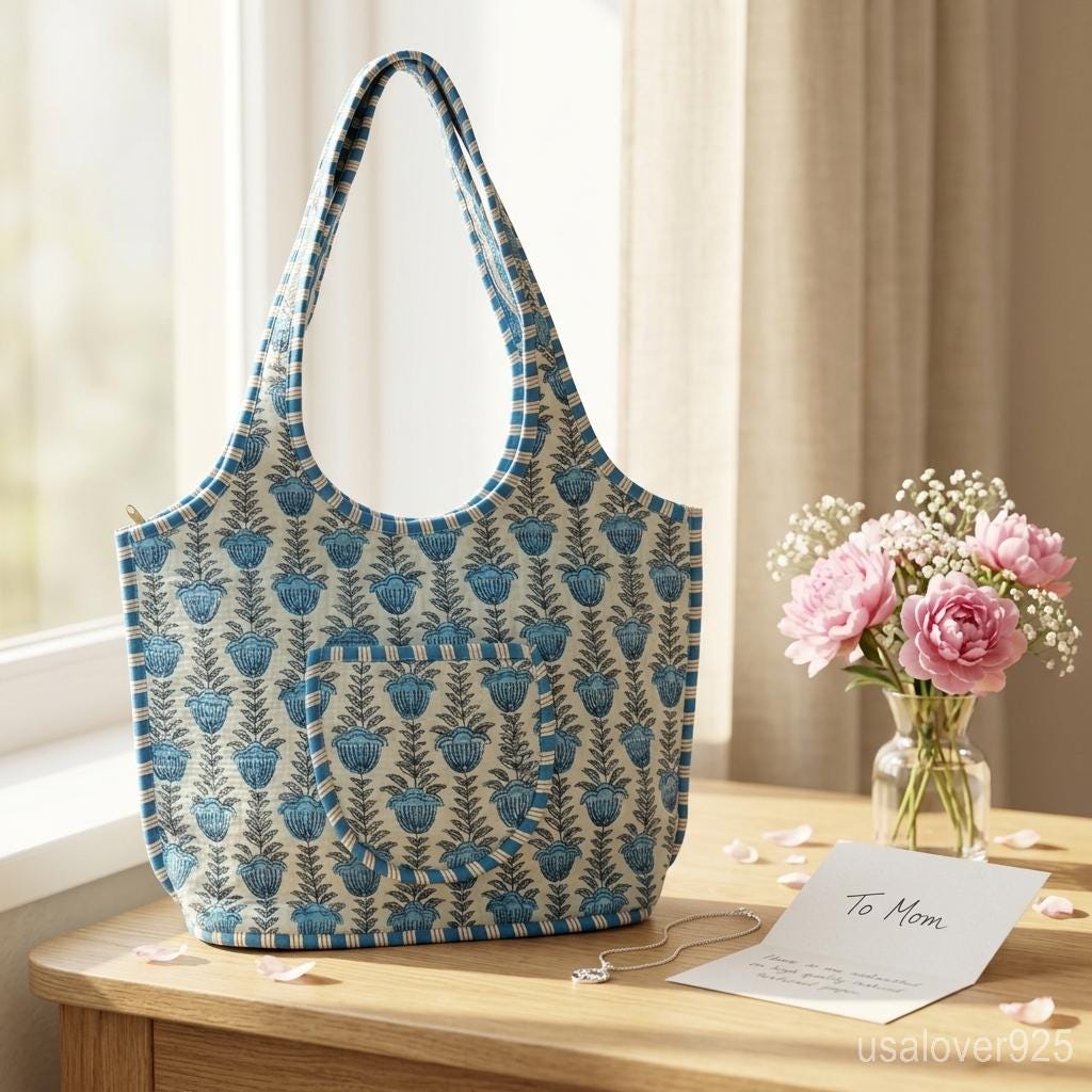 Blue Floral Quilted Tote Bag Handmade Indian Block Print Cotton Shoulder Purse Gift