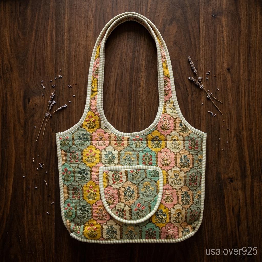 Pastel Floral Quilted Tote Bag Handmade Indian Block Print Boho Shoulder Purse Gift