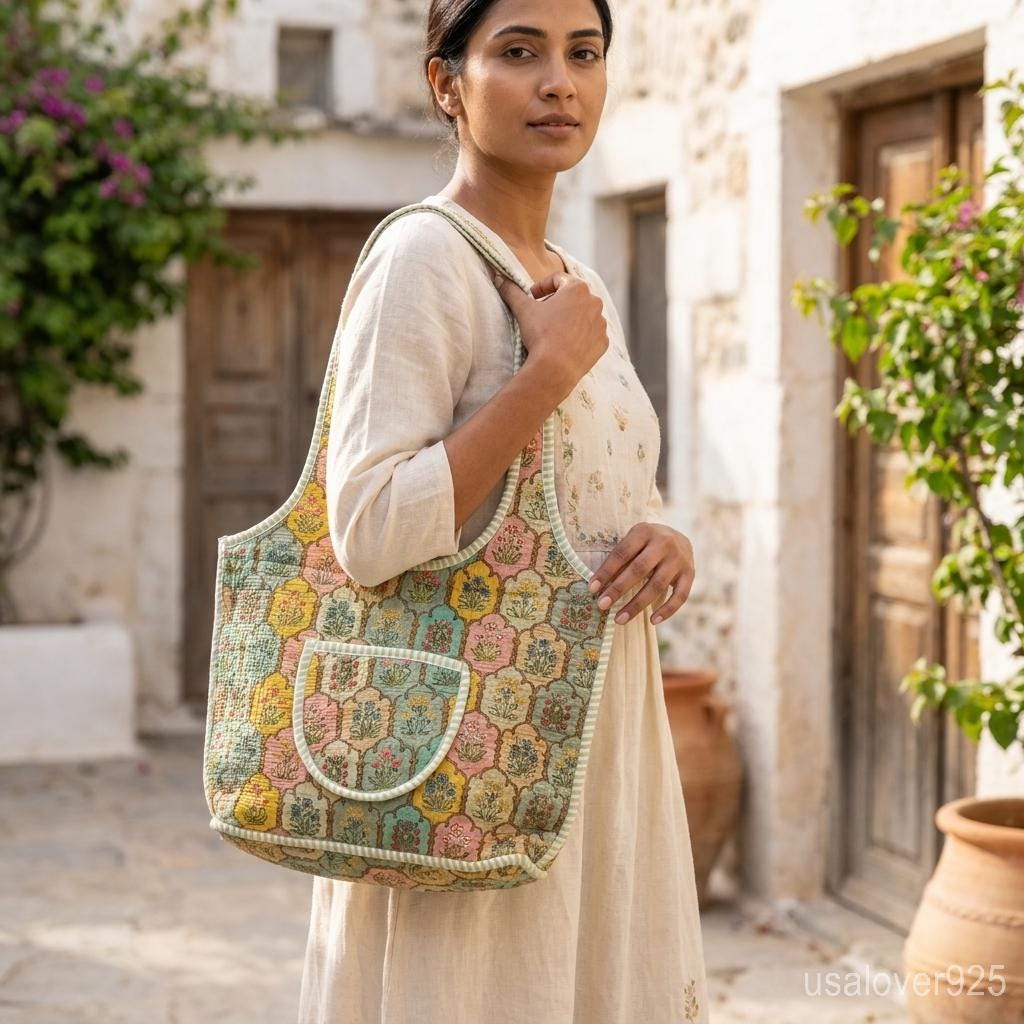 Pastel Floral Quilted Tote Bag Handmade Indian Block Print Boho Shoulder Purse Gift