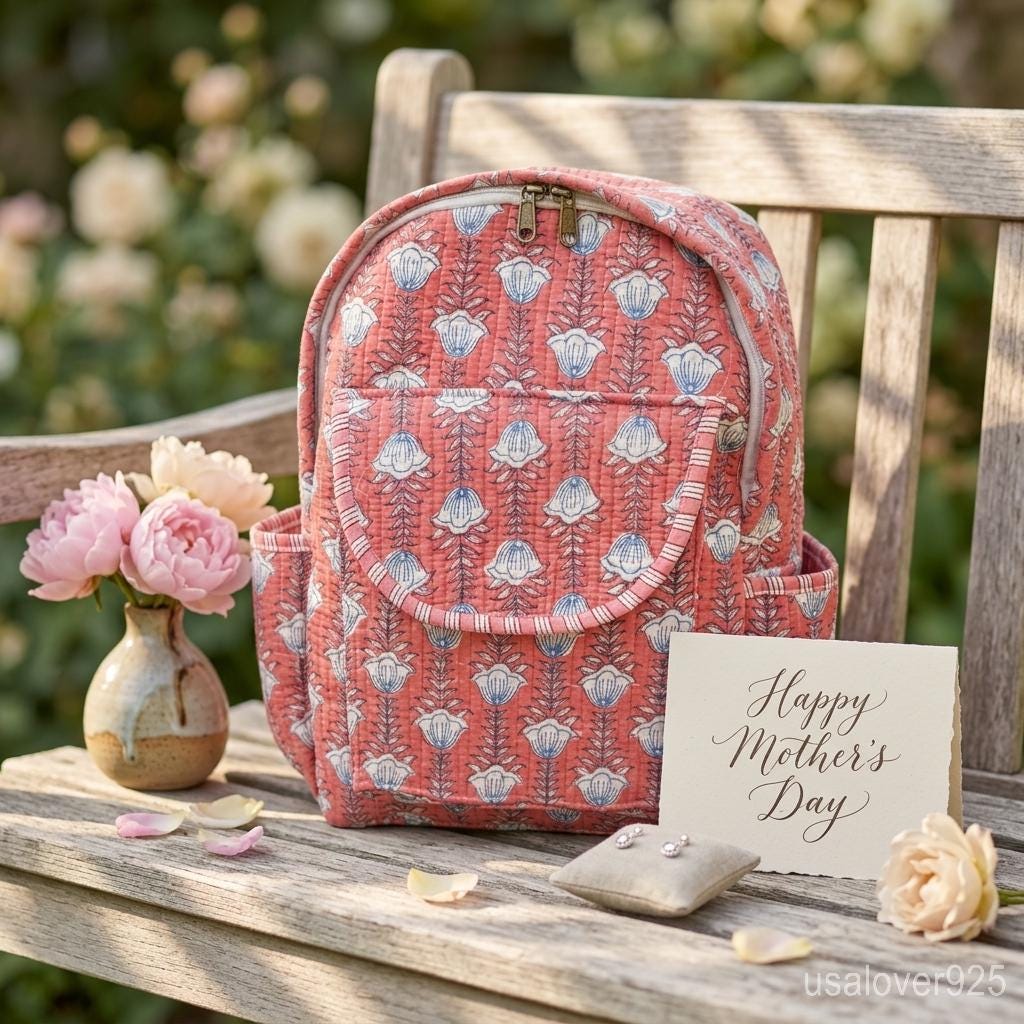 Pink Floral Quilted Backpack Handmade Indian Block Print Cotton Boho Travel Bag Gift