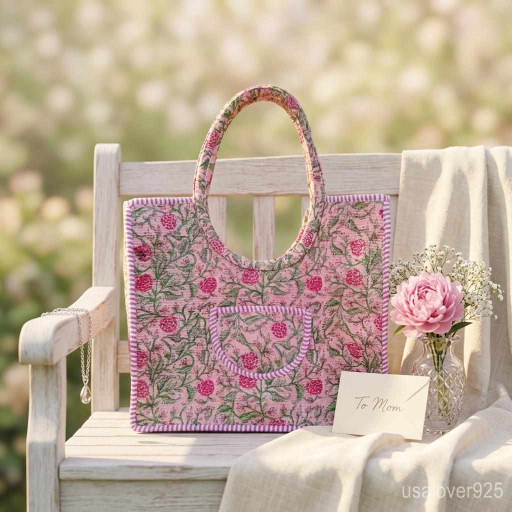 Pink Floral Quilted Cotton Tote Bag Indian Ethnic Travel Shopper Handmade Artisan Gift