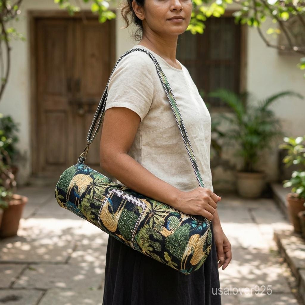 Green Tropical Quilted Yoga Mat Bag Handmade Indian Block Print Boho Crossbody Cylinder
