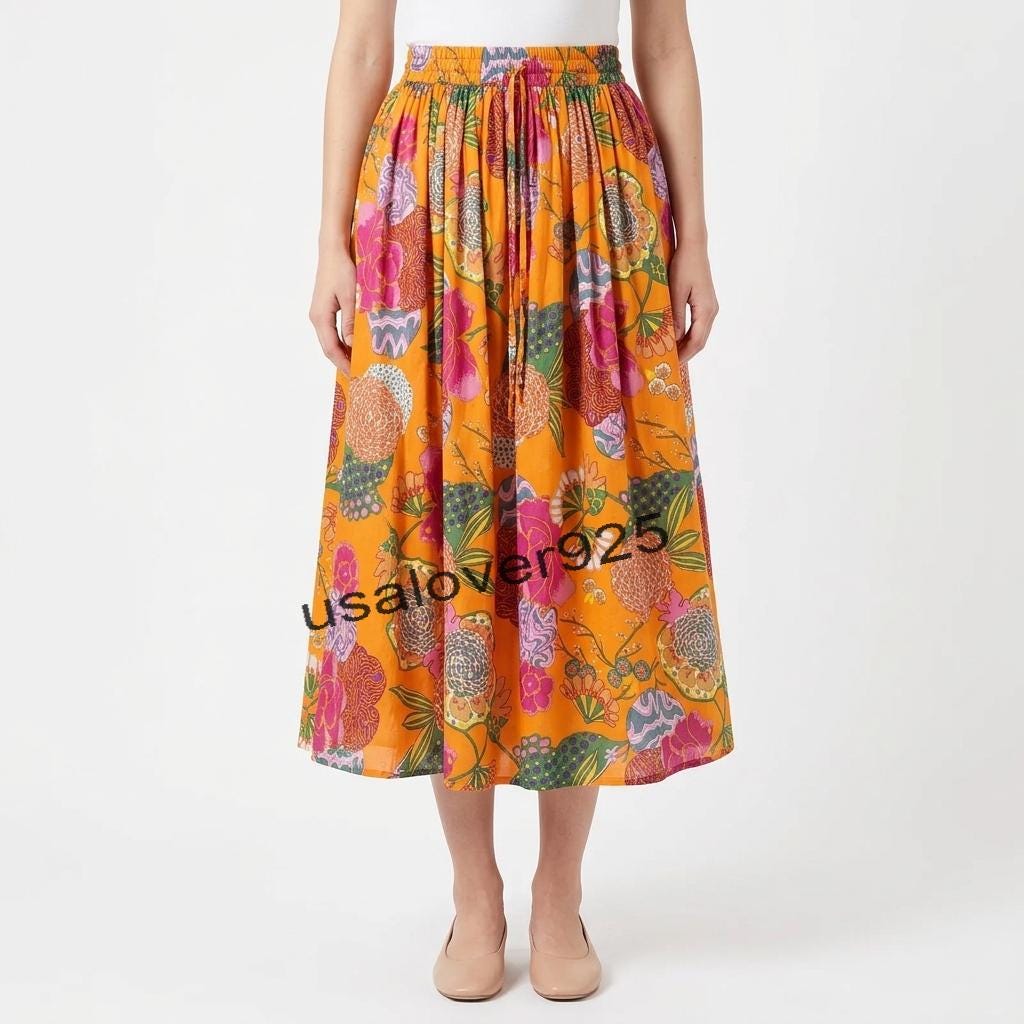 Handmade Cotton Maxi Skirt Orange Floral Block Print Flared Smocked Elastic Waist Boho