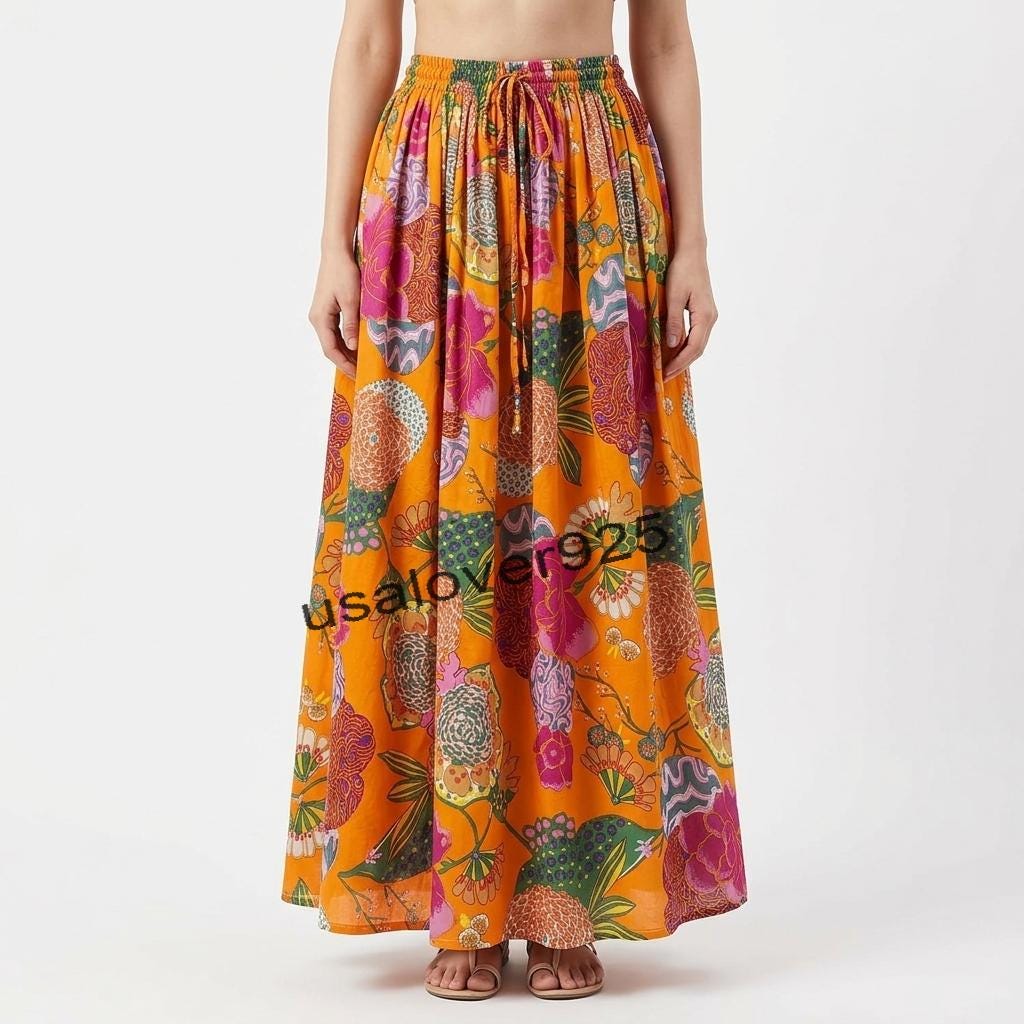 Handmade Cotton Maxi Skirt Orange Floral Block Print Flared Smocked Elastic Waist Boho