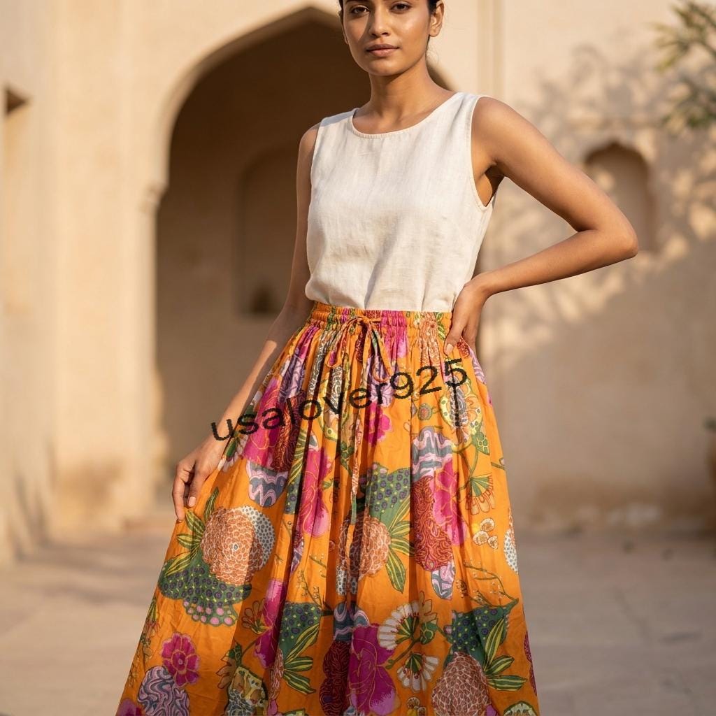 Handmade Cotton Maxi Skirt Orange Floral Block Print Flared Smocked Elastic Waist Boho