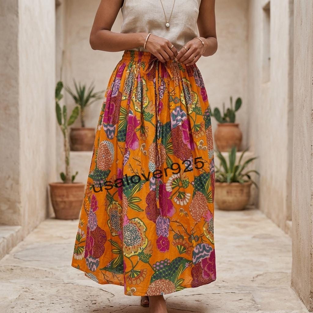 Handmade Cotton Maxi Skirt Orange Floral Block Print Flared Smocked Elastic Waist Boho
