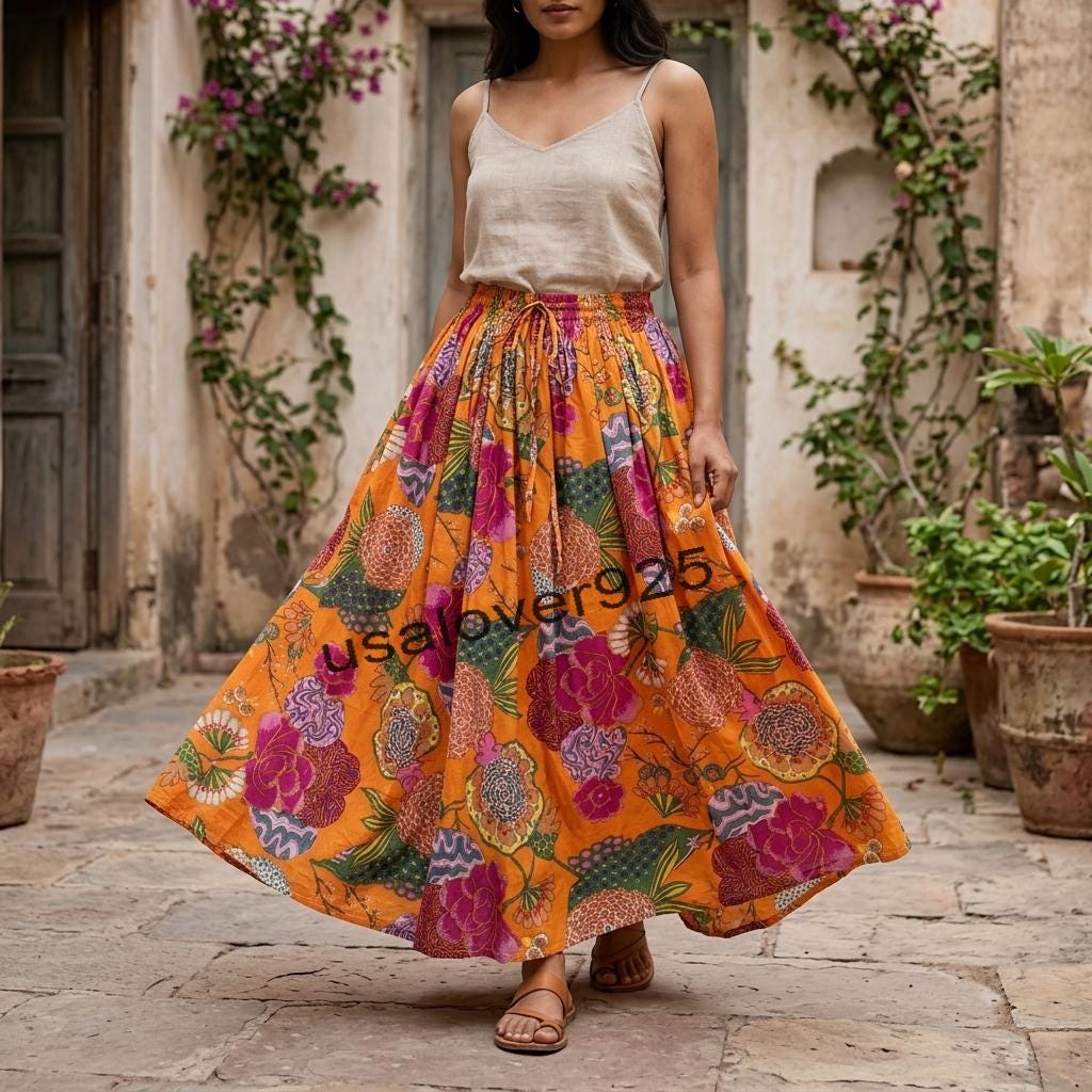 Handmade Cotton Maxi Skirt Orange Floral Block Print Flared Smocked Elastic Waist Boho