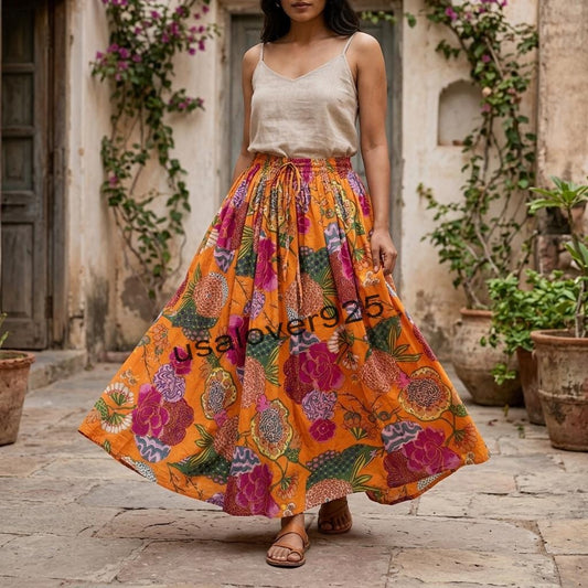 Handmade Cotton Maxi Skirt Orange Floral Block Print Flared Smocked Elastic Waist Boho