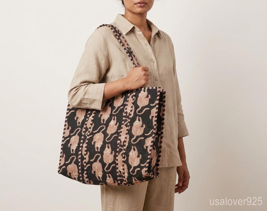 Black Tiger Print Quilted Tote Bag Handmade Indian Cotton Boho Shoulder Bucket Purse