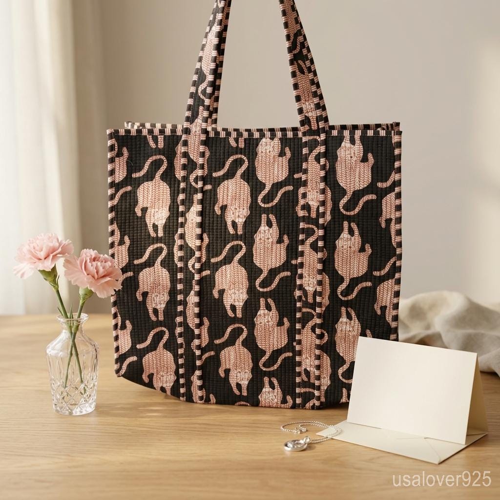 Black Tiger Print Quilted Tote Bag Handmade Indian Cotton Boho Shoulder Bucket Purse