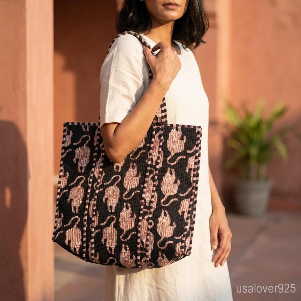 Black Tiger Print Quilted Tote Bag Handmade Indian Cotton Boho Shoulder Bucket Purse