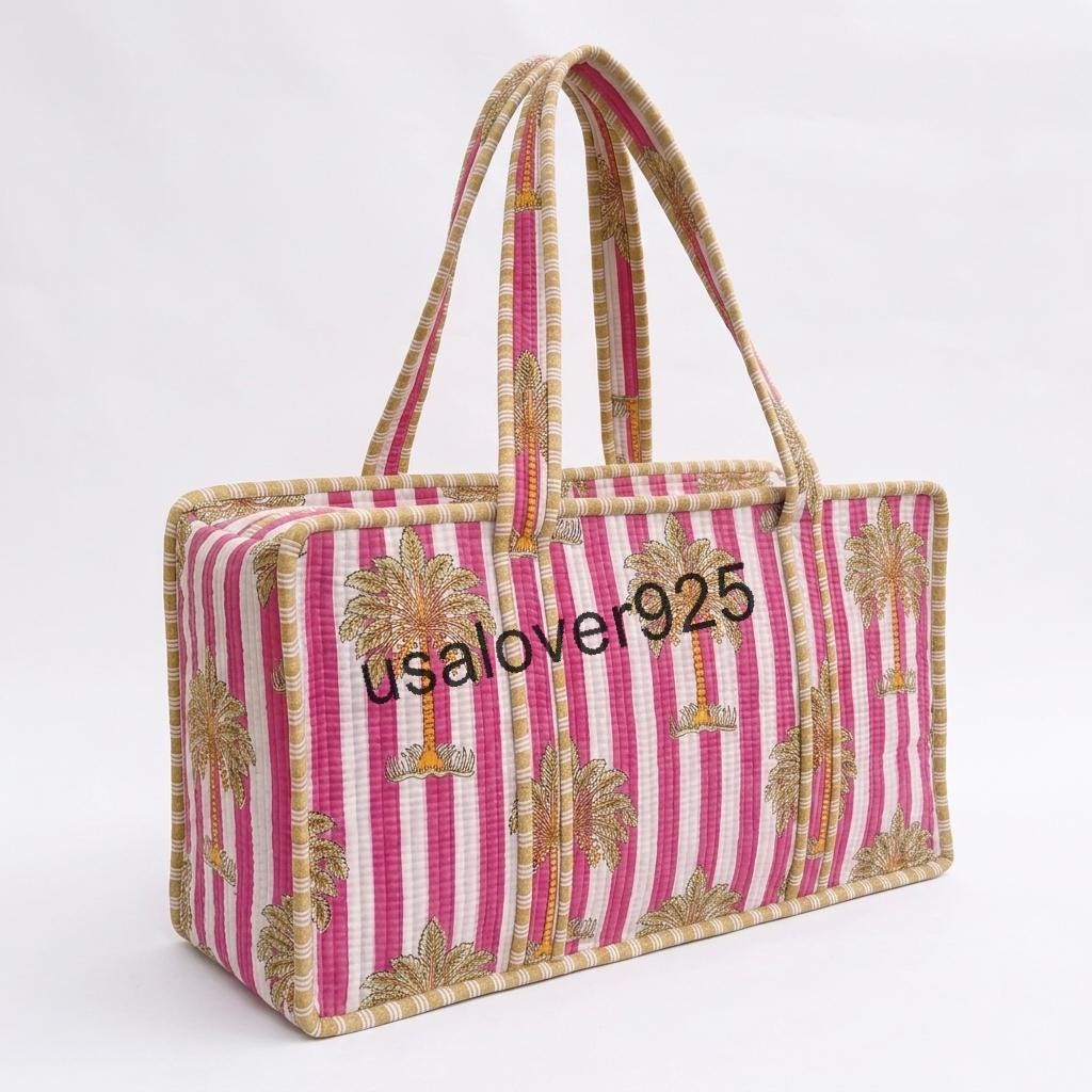 Handmade Quilted Cotton Mahjong Bag – Pink Palm Tree Striped Game Tile Storage Tote