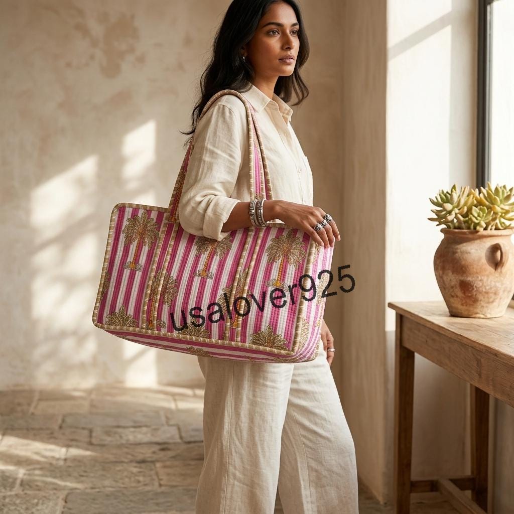 Handmade Quilted Cotton Mahjong Bag – Pink Palm Tree Striped Game Tile Storage Tote