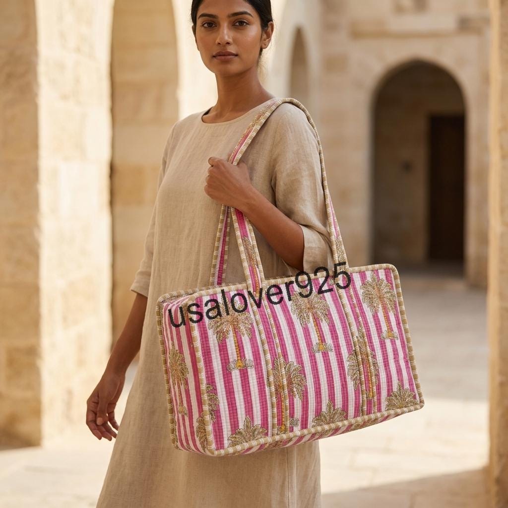 Handmade Quilted Cotton Mahjong Bag – Pink Palm Tree Striped Game Tile Storage Tote