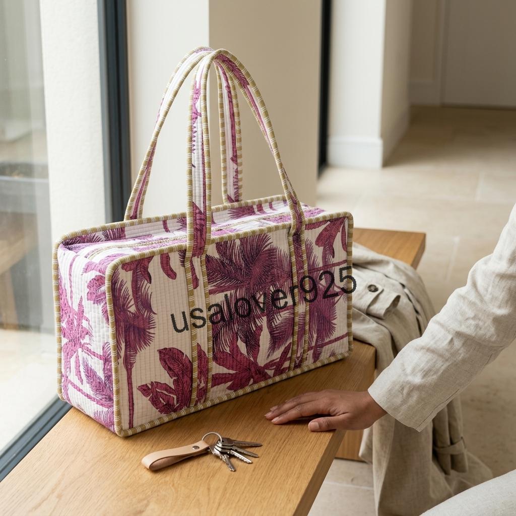 Handmade Quilted Cotton Mahjong Bag – Mauve Pink Palm Tree Game Tile Storage Tote