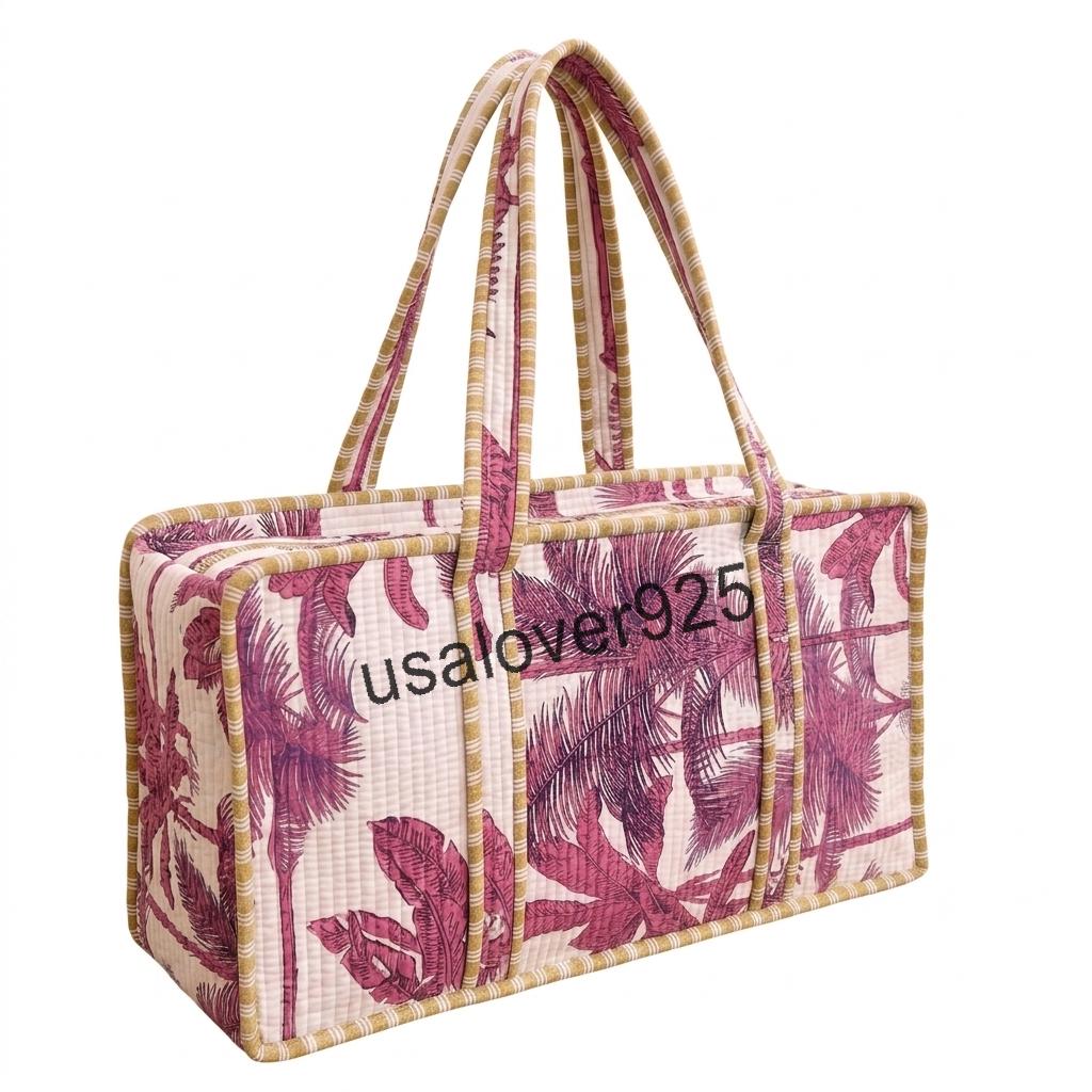Handmade Quilted Cotton Mahjong Bag – Mauve Pink Palm Tree Game Tile Storage Tote