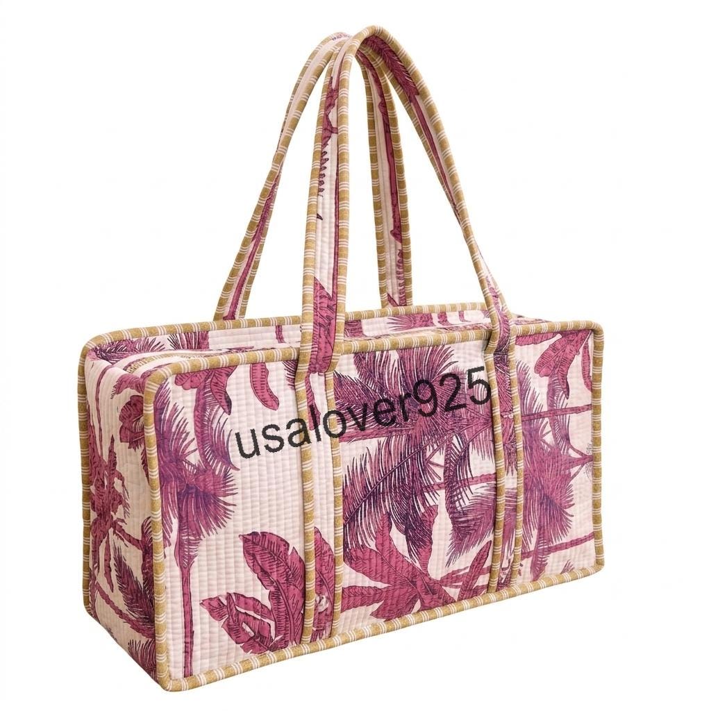 Handmade Quilted Cotton Mahjong Bag – Mauve Pink Palm Tree Game Tile Storage Tote