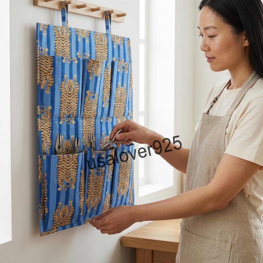 Blue Tiger Print Fabric Wall Organizer Hanging Storage Pockets Handmade Cotton Boho Decor