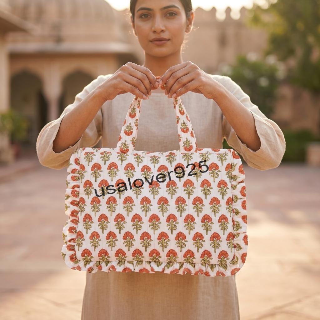 Quilted Cotton Ruffled Laptop Bag – Terracotta Floral Work & College Shoulder Tote