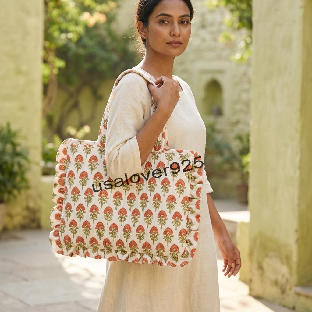 Quilted Cotton Ruffled Laptop Bag – Terracotta Floral Work & College Shoulder Tote