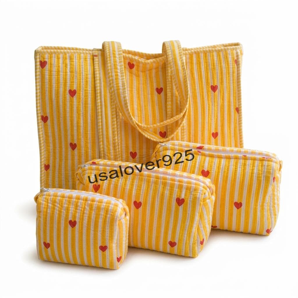 Quilted Cotton Tote Bag Set – Yellow Red Heart Stripe Travel Cosmetic Pouches