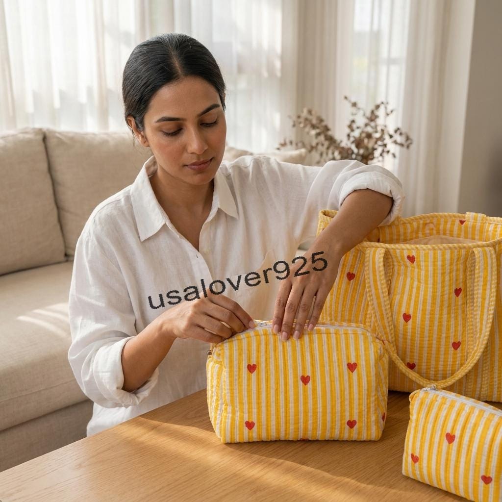 Quilted Cotton Tote Bag Set – Yellow Red Heart Stripe Travel Cosmetic Pouches