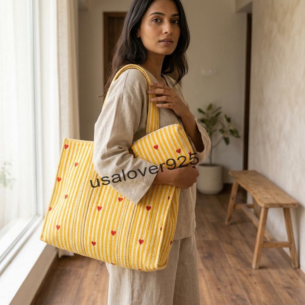 Quilted Cotton Tote Bag Set – Yellow Red Heart Stripe Travel Cosmetic Pouches