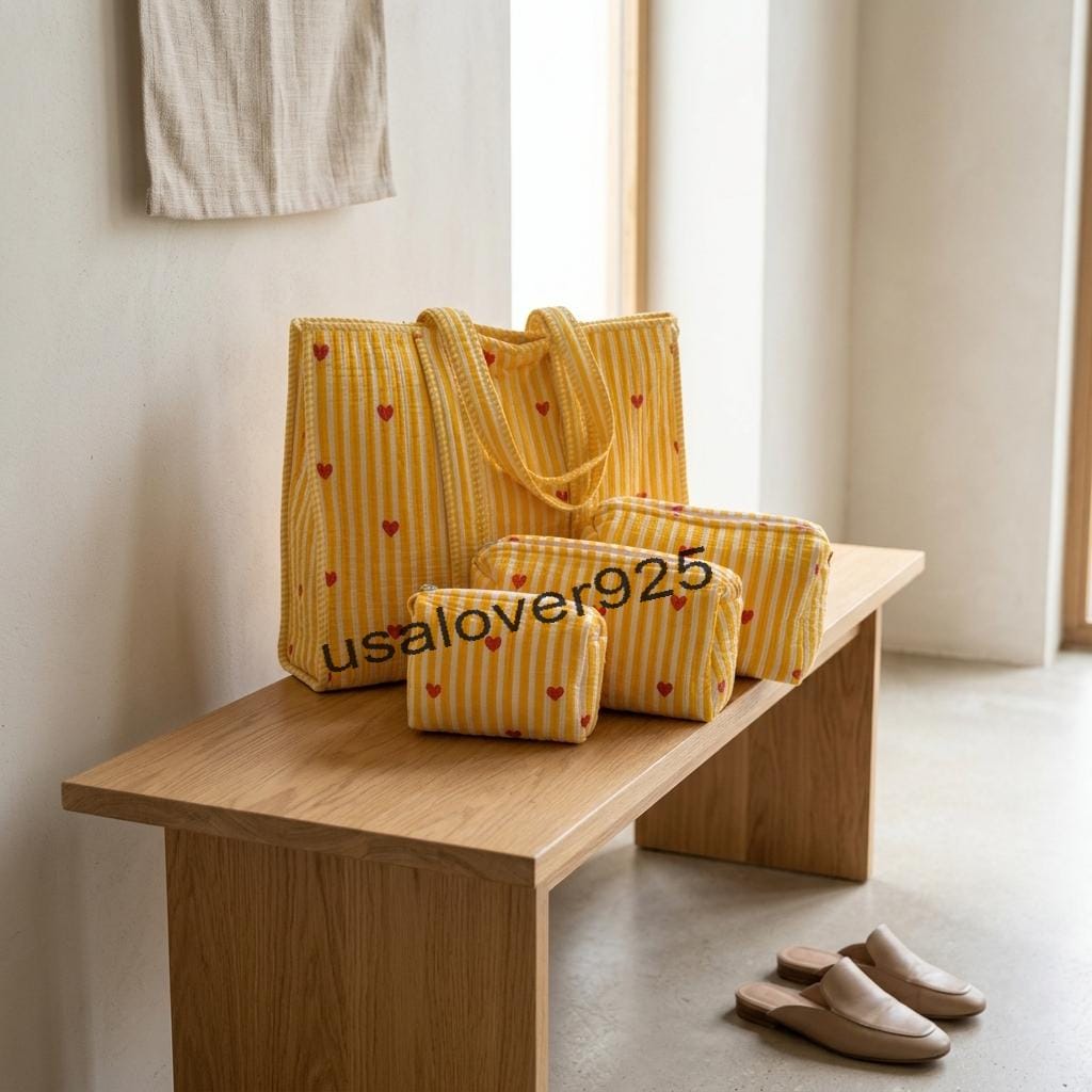 Quilted Cotton Tote Bag Set – Yellow Red Heart Stripe Travel Cosmetic Pouches