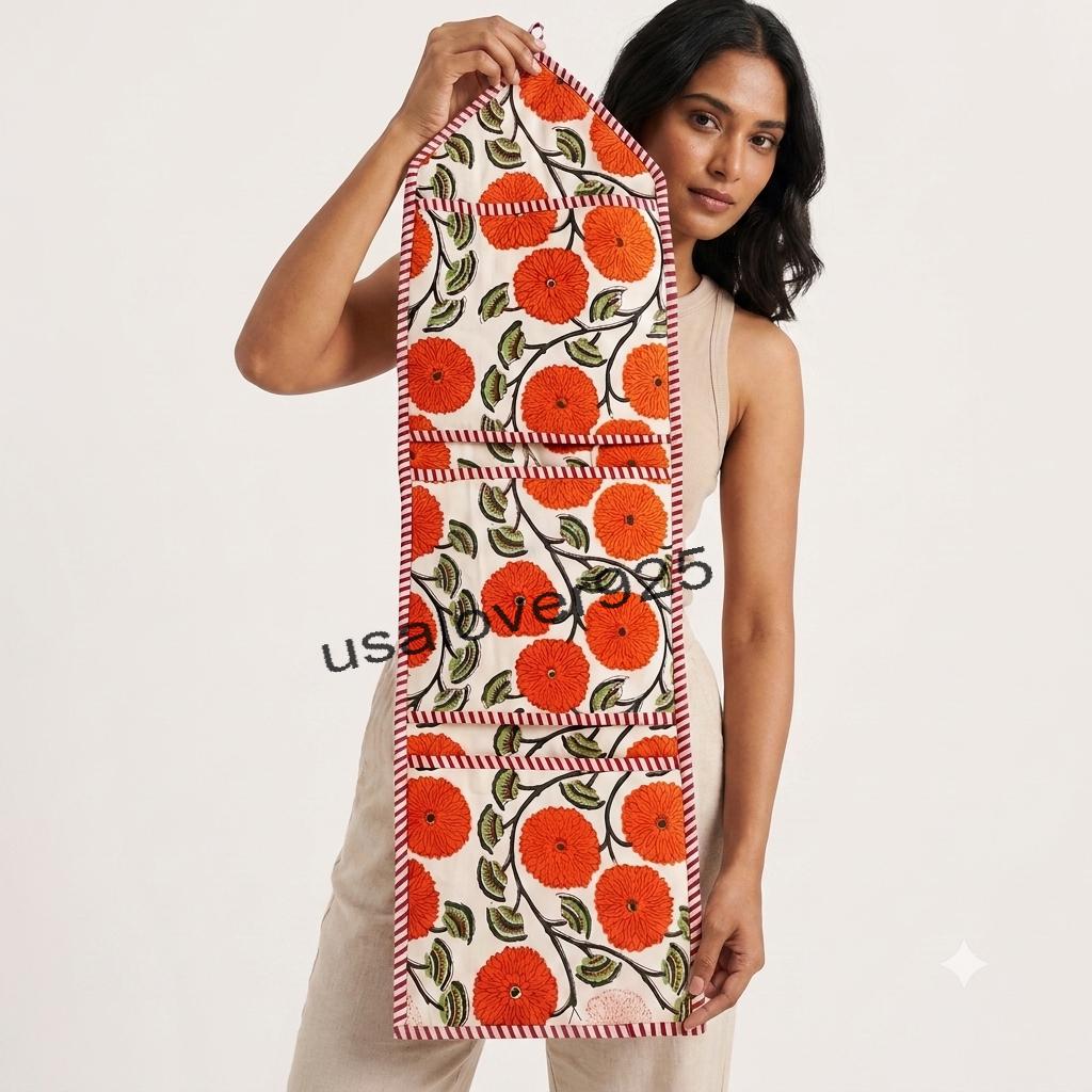 Handmade Cotton Wall Hanging Organizer – Orange Floral Multi Pocket Door Storage Caddy