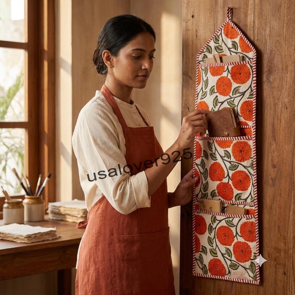 Handmade Cotton Wall Hanging Organizer – Orange Floral Multi Pocket Door Storage Caddy