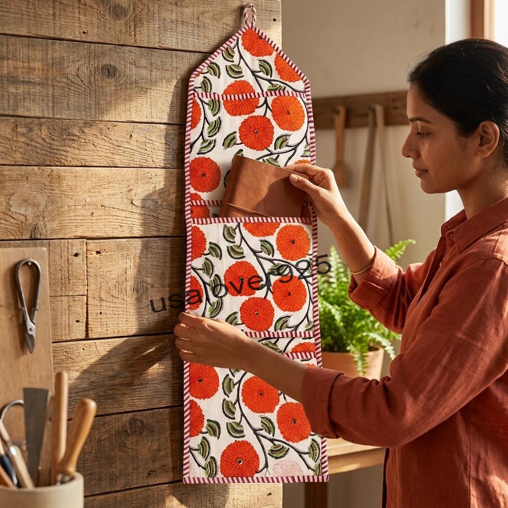 Handmade Cotton Wall Hanging Organizer – Orange Floral Multi Pocket Door Storage Caddy